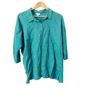 J. Jill Love Linen Turquoise‎ 3/4 Sleeve Collared Blouse Size Large